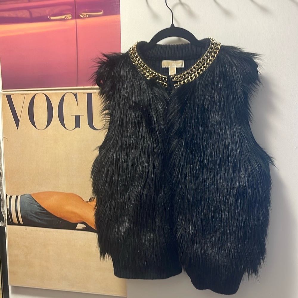 Michael Kors Black Faux Fur Sweater Gold Chain Collar Trim XL